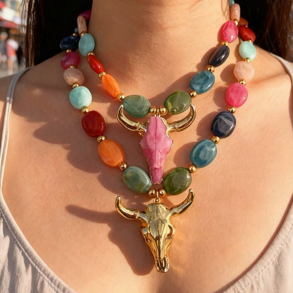 Western Cowboy Women's Style Colorful pink or gold BullHead Necklace